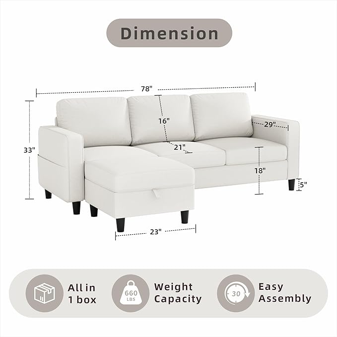 Sectional Sofa and Couches for Living Room, 78'' Beige 3 Seat L-Shaped Couch with Movable Ottoman, Comfy Linen Convertible Sectionals Sofas with Chaise for Apartment, Dorm, Small Space