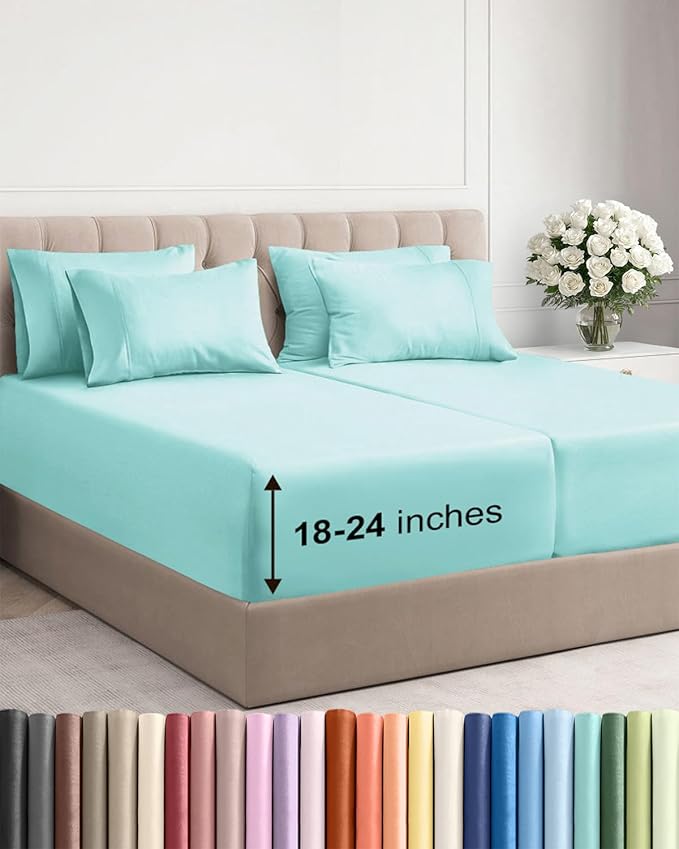 Extra Deep Split King Sheet Set - 7 Piece Breathable and Cooling Sheets - Hotel Luxury Bedding for Women, Men, Kids & Teens - Easy & Secure Fit - Soft and Wrinkle Free - Extra Deep Pockets - Spa Blue