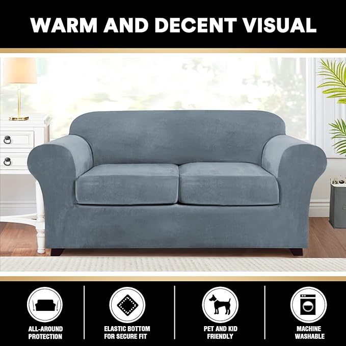 PrinceDeco Velvet Couch Cover Loveseat Covers for 2 Cushion Couch 3 Piece Sofa Covers for Dogs Washable Loveseat Covers Width Up to 72 Inch No Slip Stretch Sofa Slipcover(Medium, Stone Blue)