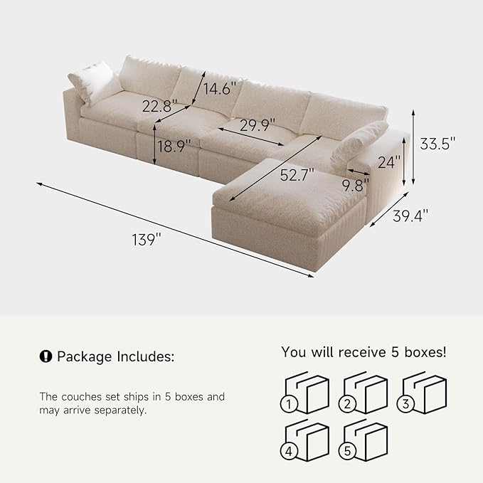 140’’ Oversized Boneless Couch for Living Room, Cloud Couch Modular Sectional Free Combination with Ottoman Washable Cushion Cover, No Assembly Required, White (4-Seat + 1 Ottoman)