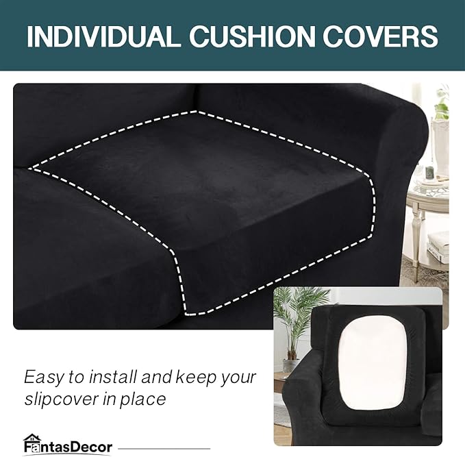 FantasDecor 3 Piece Sofa Covers Velvet for 2 Cushion Couch Stretch Loveseat Slipcover with Individual Seat Elastic Furniture Protector for Pets (Sofa, Black)