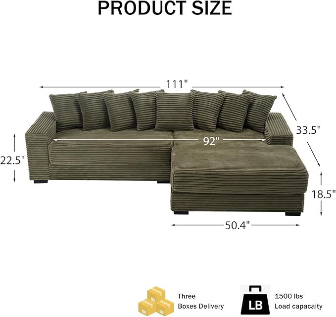 111 Inch Cloud Sectional Couches for Living Room | L-Shaped Sectional Couch with 8 Pillows | Corduroy Couch with Deep Seat | Solid Wood Frame Sofa Green (Right Facing Chaise)