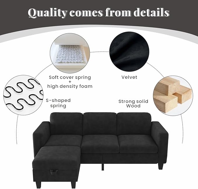 Sectional Sofa and Couches for Living Room - 78''L Shaped Black Velvet Couch-Pet Friendly Modular 3-Seater Convertible Sofas-Washable Covers-Suitable for The Living Room, Apartment or Bedroom