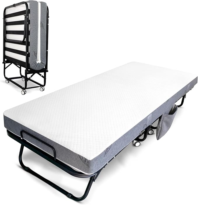 Folding Bed with Mattress for Adults, Single Size Portable Foldable Bed with Strong Metal & Wood Frame, Rollaway Guest, 75" x 31"