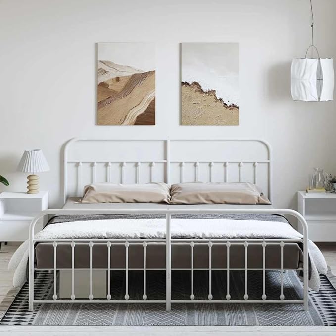 Bed Frame White Powder-Coated Steel Full Bed Frame Rectangular headboard Bedroom Furniture for Bedroom