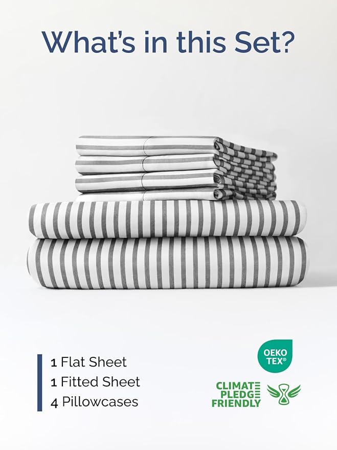 Extra Deep Full Sheet Set - 6 Piece Breathable and Cooling Sheets - Hotel Luxury Bedding for Women, Men, Kids & Teens - Easy & Secure Fit - Soft and Wrinkle Free - Extra Deep Pockets - Grey Stripes