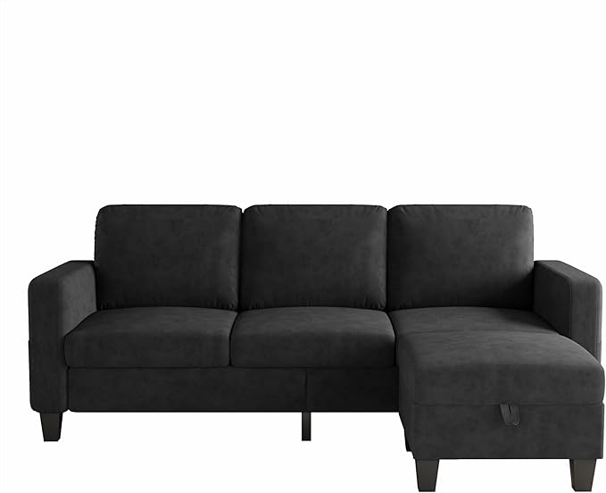 78" Sectional Sofa Couches for Living Room, Black Convertible L Shaped Couch with Storage Ottoman, Deep Seat Pet-Friendly Velvet Fabric Sofa Set for Small Space, Apartment, Dorm