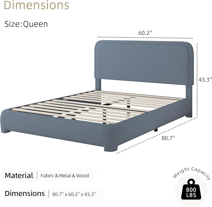 BarnFurin Queen Bed Frame with Headboard, Boucle Upholstered Platform Bed Frame, Luxurious Soft Rounded Corners, No Box Spring Required, Non-Slip and Noise-Free, Easy Assembly, Blue