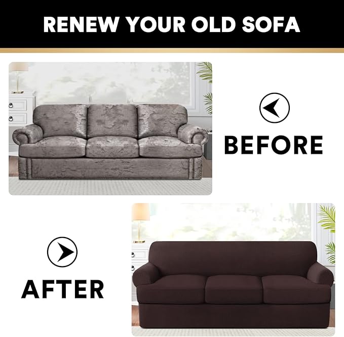 PrinceDeco T Cushion Sofa Slipcover 4 Pieces Sofa Covers for T Cushion Couch Soft Sofa Slip Covers Furniture Protector with 3 Individual T Shape Seat Covers (70"-88") Washable, Brown