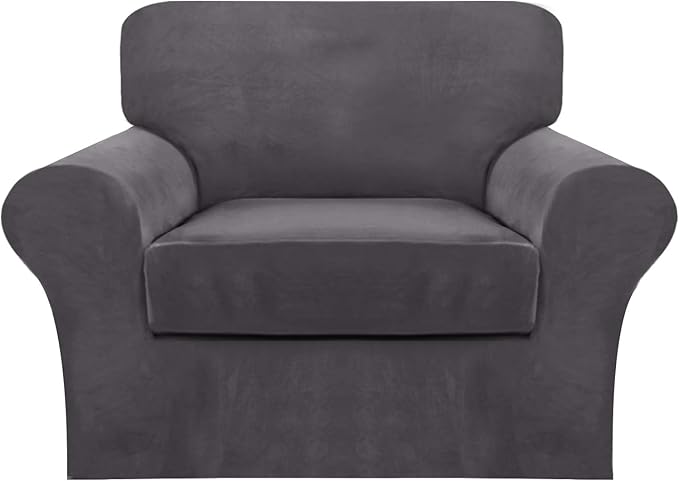 FantasDecor 2 Piece Chair Sofa Covers Velvet for Living Room Slipcovers with Individual Cushion Elastic Furniture Protector for Pets, Machine Washable (Armchair, Gray)
