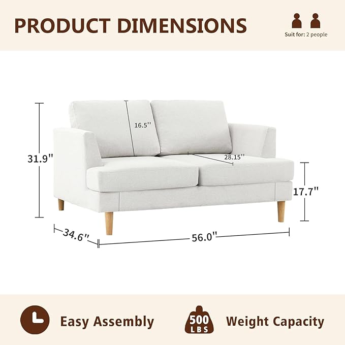 Loveseat Sofa 56" Mid Century Modern Small Couches for Small Spaces Love Seat with 2-Seat Upholstered Cushion Sofa Couches for Bedroom, Living Room, Apartment, Office (Beige)