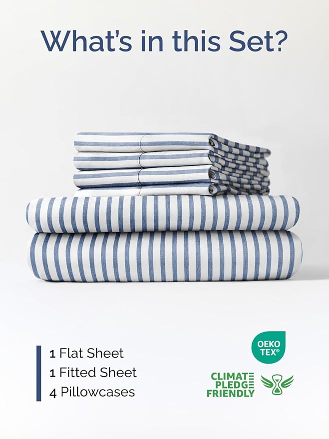 Extra Deep Full Sheet Set - 6 Piece Breathable and Cooling Sheets - Hotel Luxury Bedding for Women, Men, Kids & Teens - Easy & Secure Fit - Soft and Wrinkle Free - Extra Deep Pockets - Blue Stripes