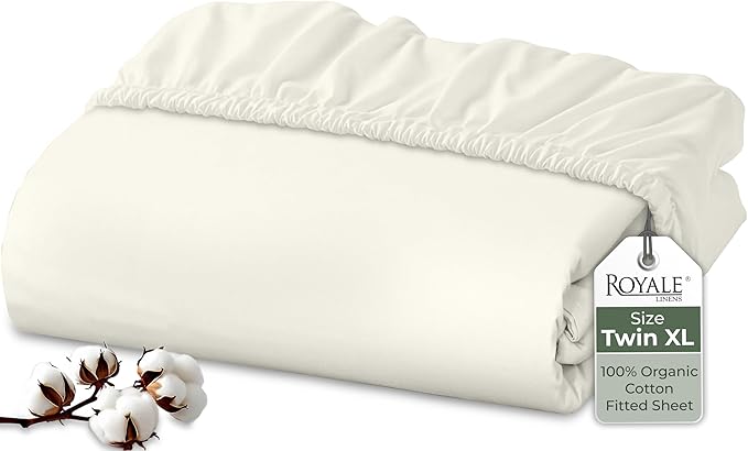 Royale Linens 100% Organic Cotton Fitted Sheet - Percale Weave - Super Soft Deep Pocket Bottom Sheets - Ivory Elastic Sheet Twin XL Size - Twin XL Fitted Sheets Only - (39"x80"+15", Ivory)