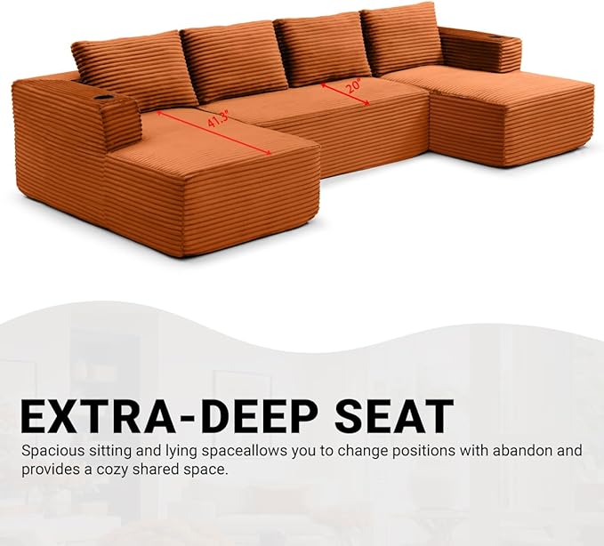 132 Inch Modular Sectional Sleeper Sofa, Boneless Cloud Couch for Living Room, U Shaped 5 Seat Sofa with 2 Cup Holders, Free Combination, No Assembly Required (Orange)