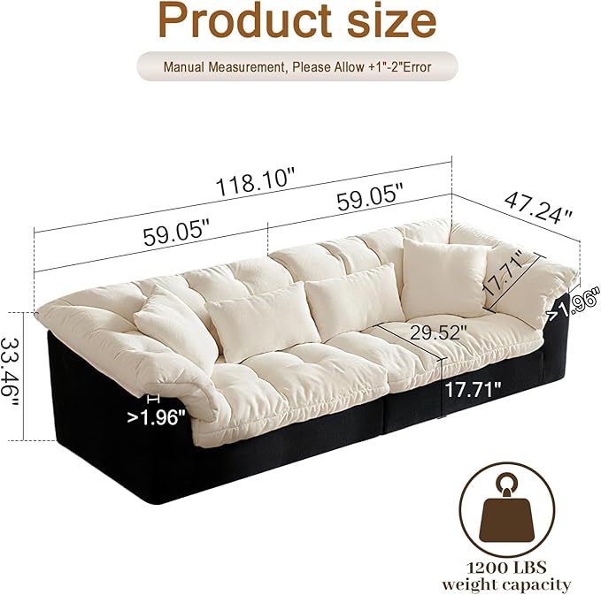 Cat Scratch Fabric Sofa Living Room 2026 new Straight Row Black and White Color Blocked French Lazy Snow and Wind Neil Cloud Fabric Sofa | Cat scratch fabric