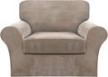 FantasDecor 2 Piece Chair Sofa Covers Velvet for Living Room Slipcovers with Individual Cushion Elastic Furniture Protector for Pets, Machine Washable (Armchair, Taupe)