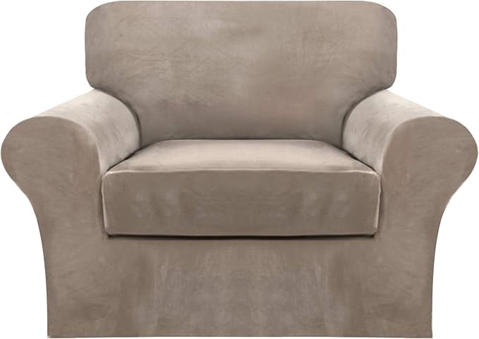 FantasDecor 2 Piece Chair Sofa Covers Velvet for Living Room Slipcovers with Individual Cushion Elastic Furniture Protector for Pets, Machine Washable (Armchair, Taupe)