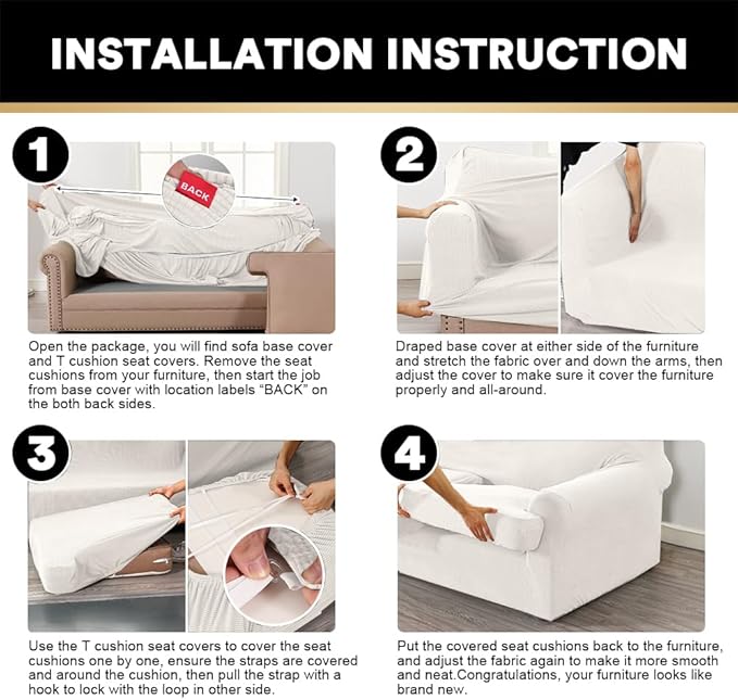 PrinceDeco T Cushion Sofa Slipcover 4 Pieces Sofa Covers for T Cushion Couch Soft Sofa Slip Covers Furniture Protector with 3 Individual T Shape Seat Covers Width Up to 88" Porcelain