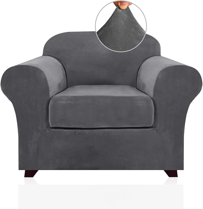 PrinceDeco Velvet Plush Couch Cover Stretch 2 Piece Chair Cover Chair Slipcover Washable Furniture Protector Couch Soft with Elastic Bottom Armchair Cover Width Up to 49 Inch(Small, Grey)