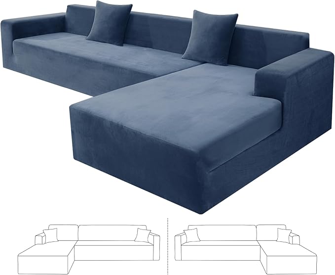ZNSAYOTX 2026 Soft Velvet Sectional Couch Covers, Luxury Plush Slipcovers with Elastic Bottom for L Shape Sectional Sofa, 2 Pcs Pet Friendly Protector (3 Seat Couch + 3 Seat Chaise, Navy Blue)