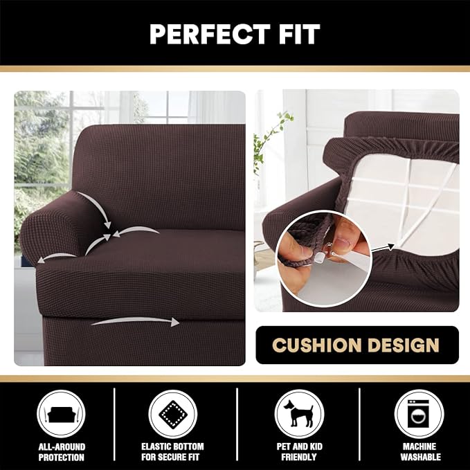 PrinceDeco T Cushion Sofa Slipcover 4 Pieces Sofa Covers for T Cushion Couch Soft Sofa Slip Covers Furniture Protector with 3 Individual T Shape Seat Covers (70"-88") Washable, Brown