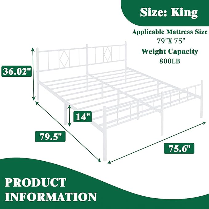 Decorwise 14 Inch King Size Bed Frames with Headboard/Footboard, Under Bed Storage, Strong Metal Slats Support, No Box Spring Needed, Noise Free, Easy Assembly, White