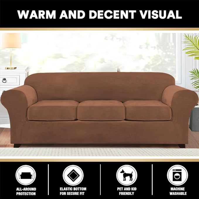 PrinceDeco Velvet Couch Covers for Sofa Soft 4 Pieces Couch Covers for 3 Cushion Couch Sofa Pet Friendly Furniture Protector with Non Slip Elastic Bottom Width Up to 97 Inch (Large Sofas, Caramel)