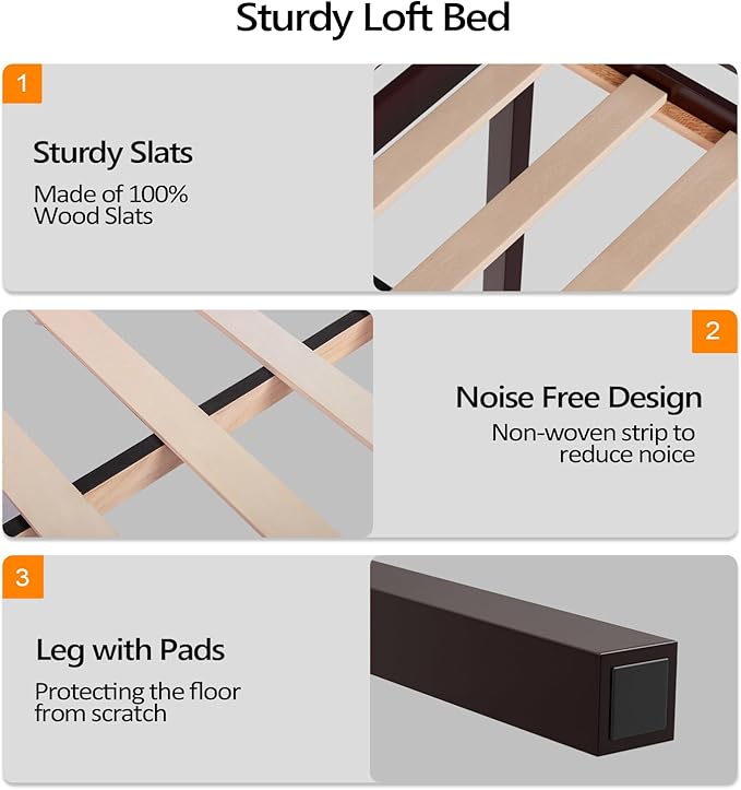 VINGLI Junior Low Loft Bed with Inclined Stairs, Wood Loft Bed Full Size for Adults, Kids and Young Teens, No Box Spring Required,Wood Slat Support, Espresso