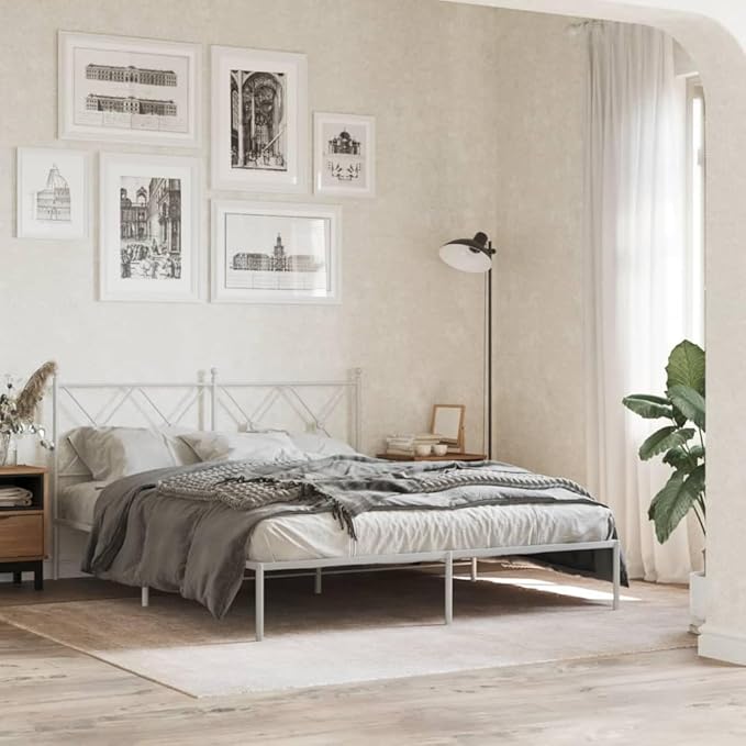 King Size Bed Frame with Headboard, Modern White Steel Platform Bed, Sturdy Minimalist Design for Spacious Bedroom, Easy Assembly Included