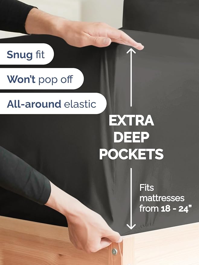 Extra Deep Split King Sheet Set - 7 Piece Breathable and Cooling Sheets - Hotel Luxury Bedding for Women, Men, Kids & Teens - Easy & Secure Fit - Soft and Wrinkle Free - Extra Deep Pockets - Charcoal