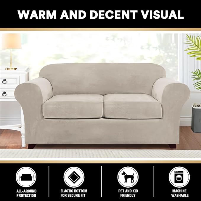 PrinceDeco Velvet Couch Cover Loveseat Covers for 2 Cushion Couch 3 Piece Sofa Covers for Dogs Washable Loveseat Covers Width Up to 72 Inch No Slip Stretch Sofa Slipcover(Medium, French Oak)