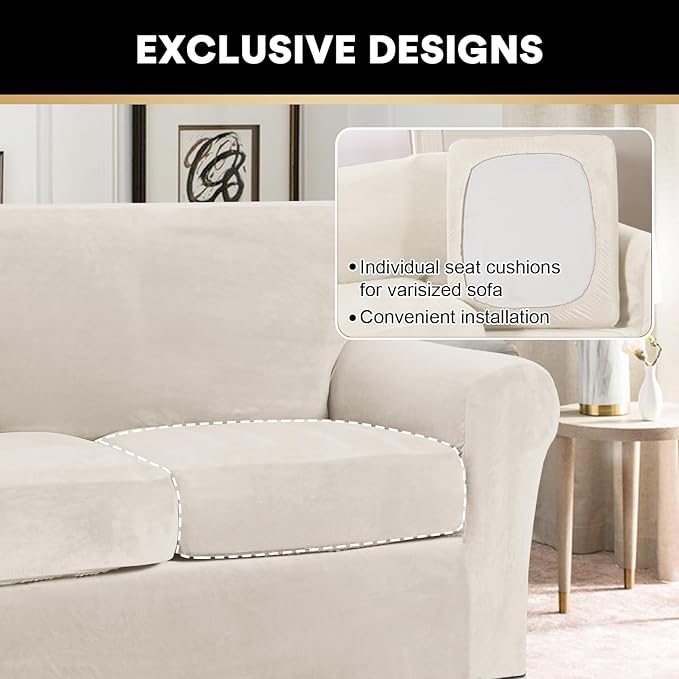 PrinceDeco Couch Cover Velvet Plush Sofa Covers for 2 Cushion Couch Width Up to 90 Inch Washable Furniture Protector Pet Friendly No Slip Sofa Slipcover(Medium-Large, Cream)