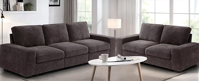 TEKAMON 128" Modular Sofa Couch with Seat Storage, Modern Comfy Long 4-Seater Chenille Couch for Living Room, Office, Apart W/Deep Seat, Wide Armrest, USB Port, Side Pockets, Washable Covers (DkGrey)
