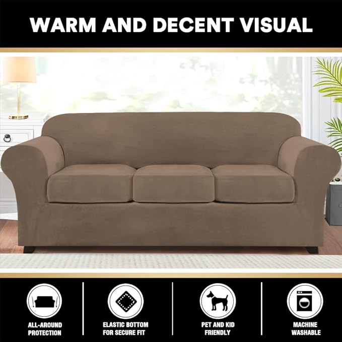 PrinceDeco Velvet Couch Covers for Sofa Soft 4 Pieces Couch Covers for 3 Cushion Couch Sofa Pet Friendly Furniture Protector with Non Slip Elastic Bottom Width Up to 97 Inch (Large Sofas, Mocha)