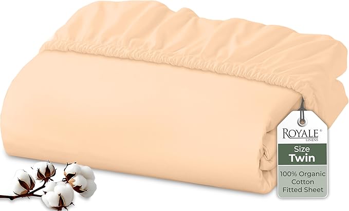Royale Linens 100% Organic Cotton Fitted Sheet - Percale Weave - Super Soft Deep Pocket Bottom Sheets - Elastic Sheet Twin Size - Twin Fitted Sheets Only - (39"x75"+15", Sand)