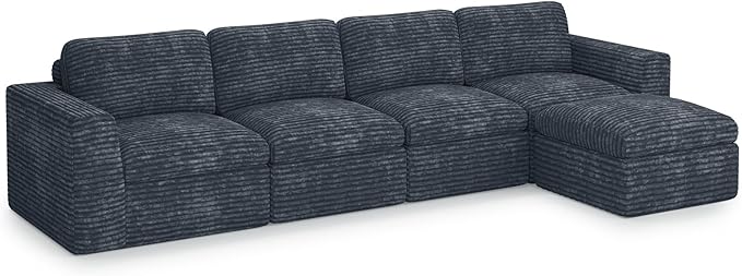 Cloud Modular Sectional Sofa with Ottoman Boneless Sectional Couches for Living Room Plush Corduroy Fabric 3-Seater U Shaped Couch. Grey Sofa.