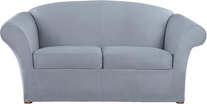 SureFit Ultimate Stretch Suede 3 Piece Box Loveseat Slipcover in Pacific Blue