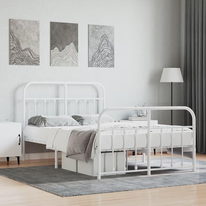 Bed Frame White Powder-Coated Steel headboard Queen Bed Frame for Living Room 47.2x74.8 in