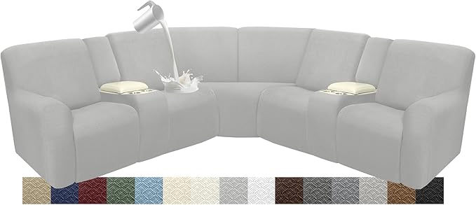 Reclining Sectional Couch Covers L Shape Waterproof Washable Recliner Sofa Cover for L Shaped Sectional Super Stretch Soft Corner Recliner Slipcovers (5 Seater 2 Console Cover, Silver Gray)