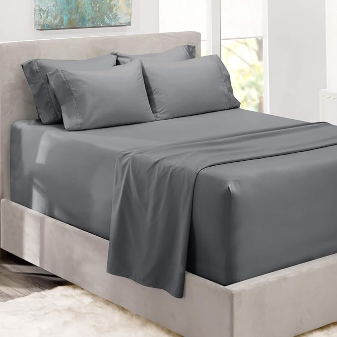 Hearth & Harbor Luxury Soft 6 Piece Bed Sheet Set Extra Deep Pocket Fitted Sheets Fits Mattress up to 21", Double Brushed Bedding Sheets & Pillowcases, Full, Frost Gray