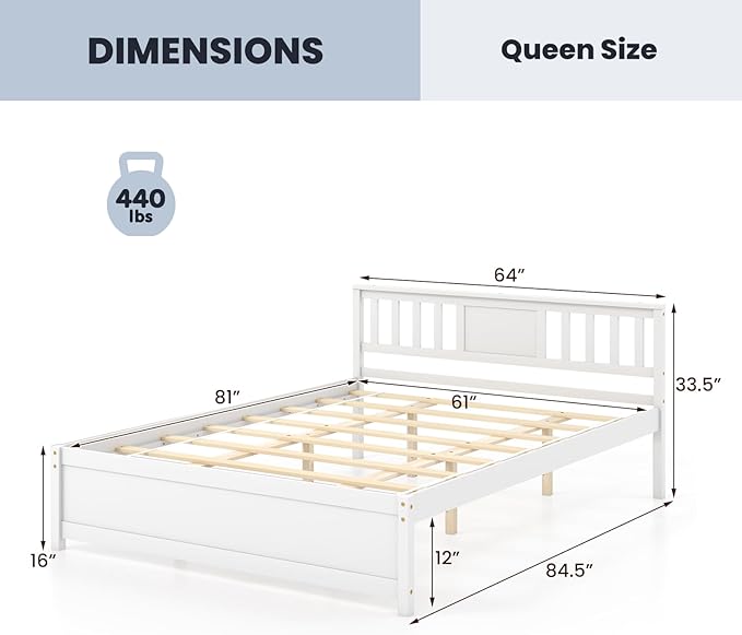 Giantex Queen Size Solid Wood Platform Bed Frame, Mid Century Queen Bed Frame with Headboard, Wooden Slat Support, Queen Panel Bed, No Box Spring Needed, Easy Assembly, White
