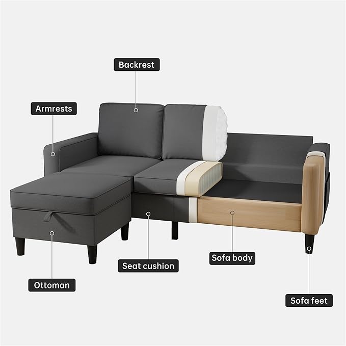 Youmumeub Sectional Sofa and Couches for Living Room - 78''L Shaped Gray Linen Couch-Pet Friendly Modular 3-Seater Convertible Sofas-Washable Covers-Suitable for The Living Room, Apartment
