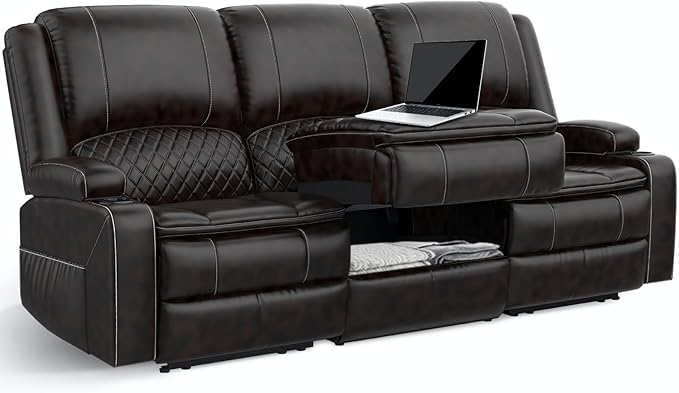2026 Upgraded Recliner Sofa 3 Seater Couch with Recliner, Home Theater Seating with Liftable Console & Removable Armrest, Manual PU Leather Sofa Reclining with Storage & USB Ports (PU,Brown)