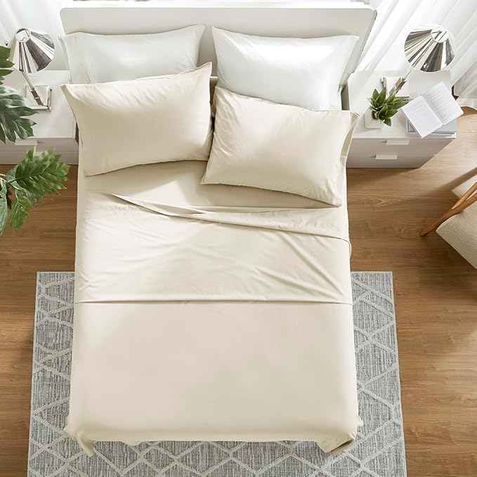 Comfort Spaces 100% Cotton Sheets Twin XL, Breathable & Ultra Soft Cotton Sheets, Naturally Cool Cotton Bed Sheets with 12" Elastic Pocket Fits up to 14" Mattress, All Seasons Sheet Set, Cream 3 Piece