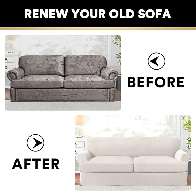 PrinceDeco T Cushion Sofa Slipcover 3 Pieces Sofa Covers for T Cushion Couch Soft Couch Covers Sofa Slip Cover Furniture Covers with 2 Individual T Shape Seat Covers Width Up to 88", Ivory