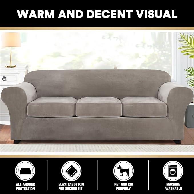 PrinceDeco Velvet Couch Covers for Sofa Soft 4 Pieces Couch Covers for 3 Cushion Couch Sofa Pet Friendly Furniture Protector with Non Slip Elastic Bottom Width Up to 97 Inch (Large Sofas, Taupe)