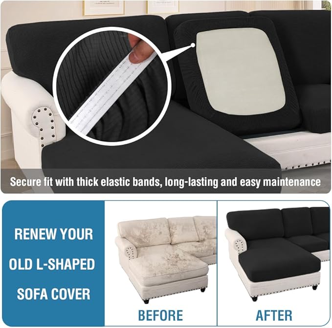 H.VERSAILTEX 2025 New Sectional Couch Covers 6 Pieces Stretch Sofa Covers for Sectional Sofa Set Separate L Shaped Couch Cover for Both Left/Right Couch (Seat and Back: 1 Chaise + 2 Sofa, Black)