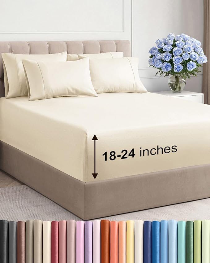 Extra Deep Cal King Sheet Set - 6 Piece Breathable and Cooling Sheets - Hotel Luxury Bedding for Women, Men, Kids & Teens - Easy & Secure Fit - Soft and Wrinkle Free - Extra Deep Pockets - Off White