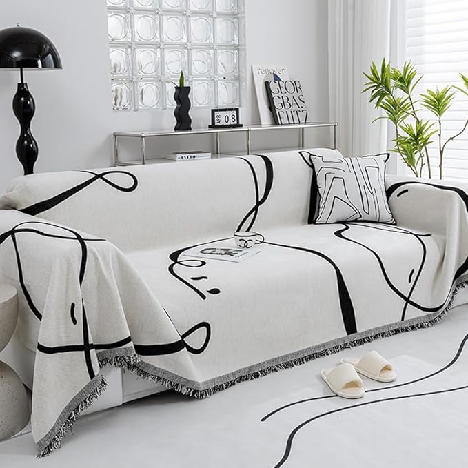 Black and White Double-Sided can Cover Chenille Sofa Towel Full Covers Cloth Four Seasons Universal Models Straight Row a Piece of Non-Slip Sets Cover (71 * 102 inch)