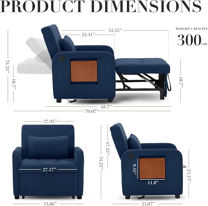 Convertible Sleeper Chair-Fabric Futon Sofa Bed, Single Sleeper Sofa, Small Couch Bed with USB Port, Foldable Table, Pillow, Adjustable Backrest for Dorm/Bedroom/College DarkBlue